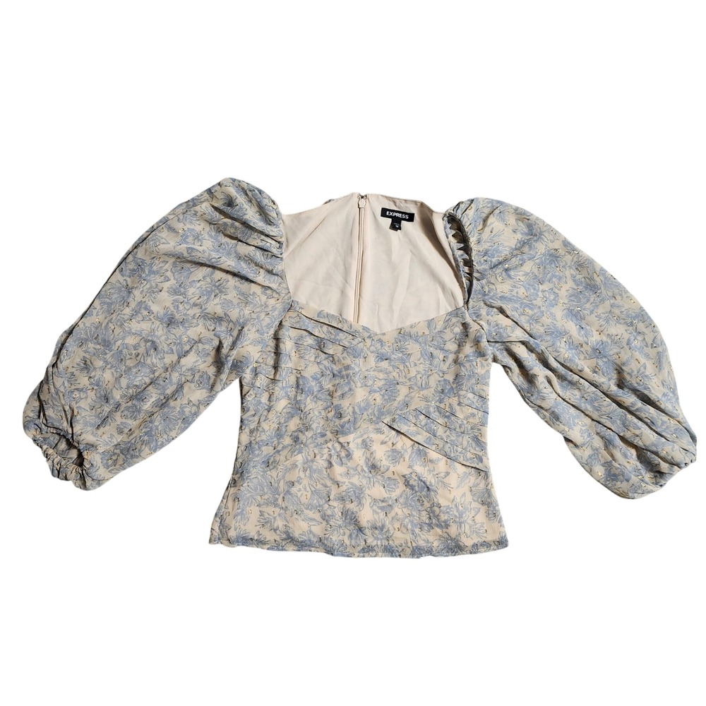Express Floral Puff Sleeve Blouse Blue Gold Metallic Sweetheart Top XS